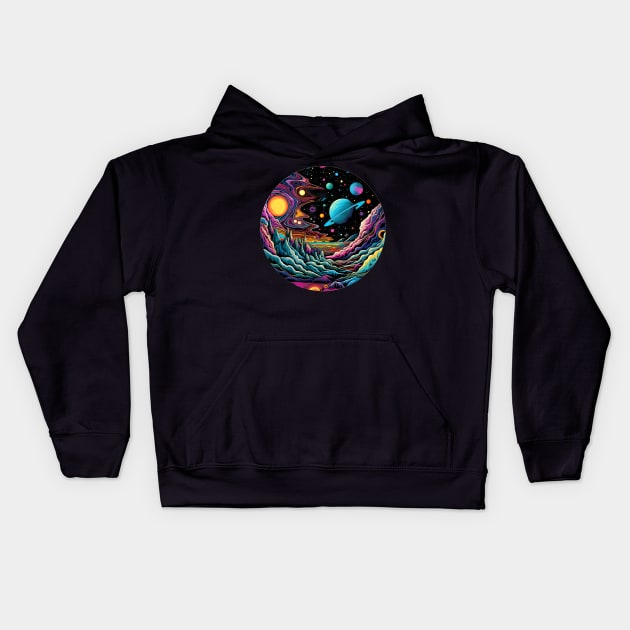 Surrealist space artwork with planets Kids Hoodie by Unelmoija